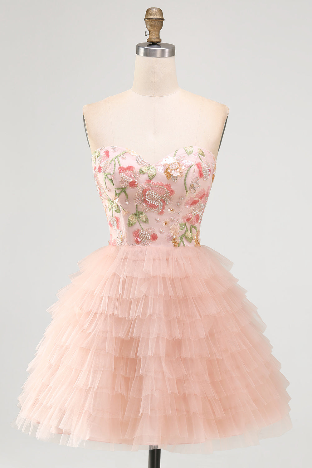 Sparkly Sequins Pink Floral A-Line Ruffled Short Homecoming Dress with Beading