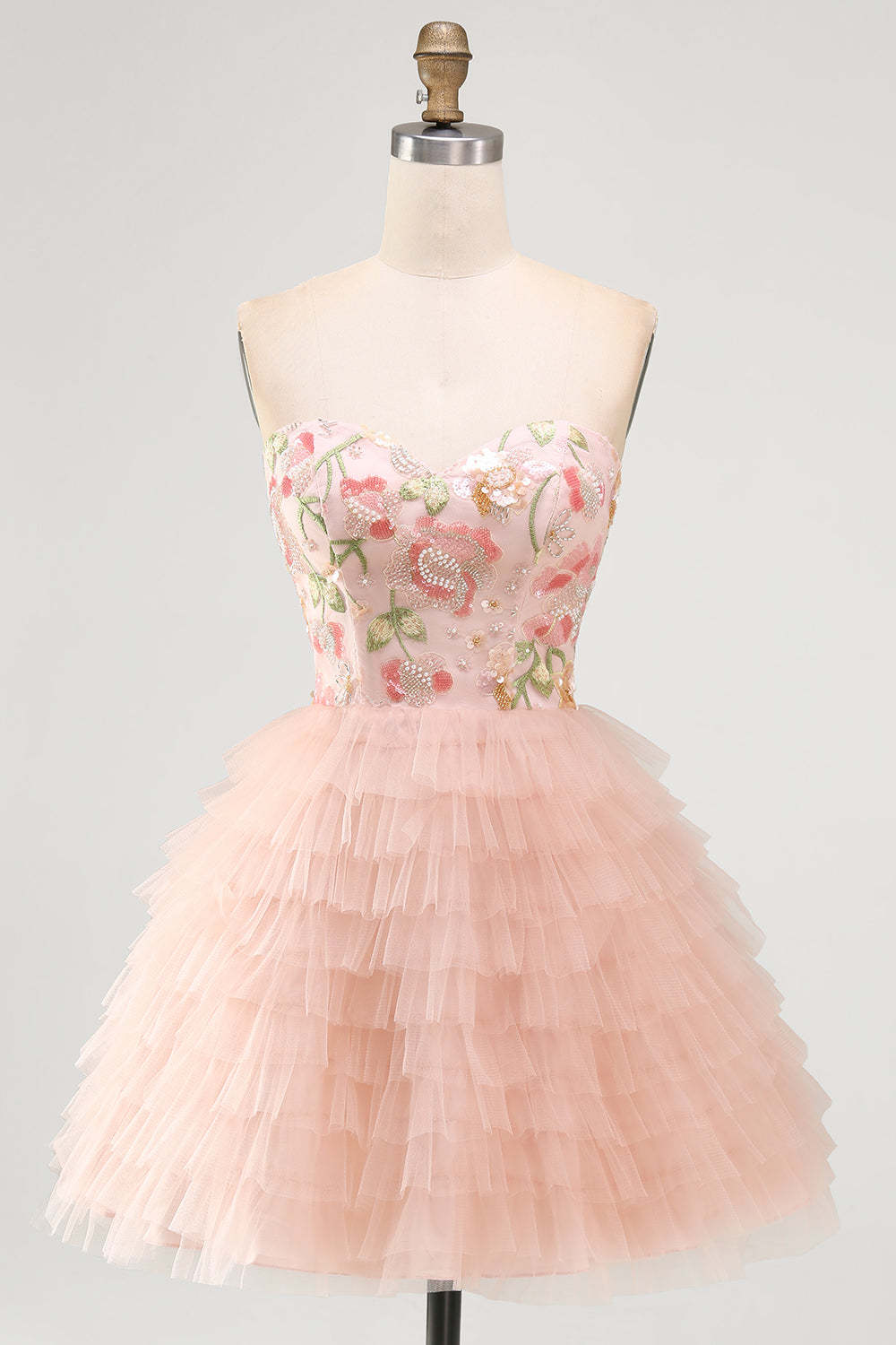 Sparkly Sequins Pink Floral A-Line Ruffled Short Homecoming Dress with Beading