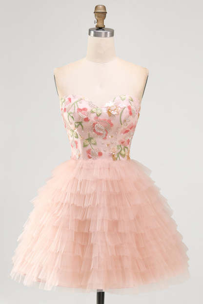 Sparkly Sequins Pink Floral A-Line Ruffled Short Homecoming Dress with Beading