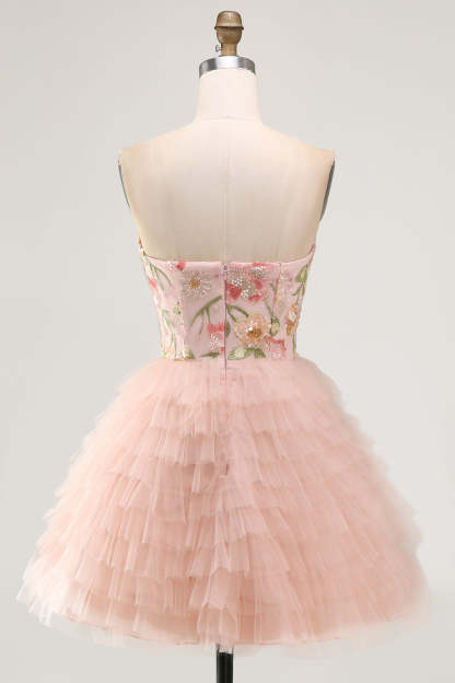 Sparkly Sequins Pink Floral A-Line Ruffled Short Homecoming Dress with Beading