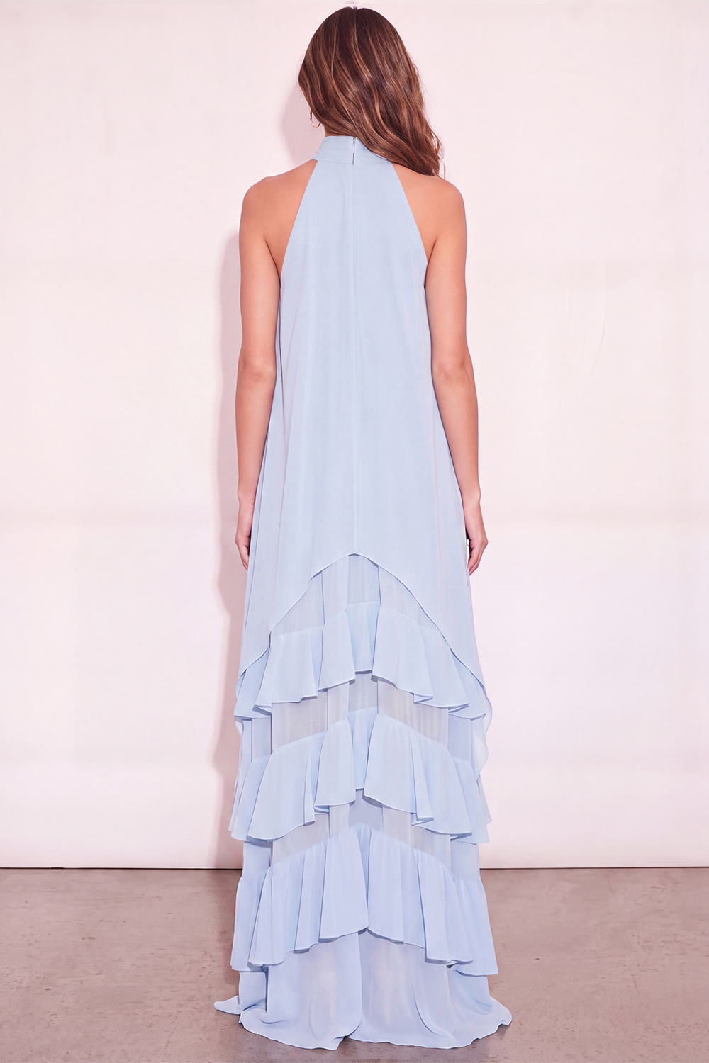 Light Blue Ruffled Halter Long Wedding Guest Dress