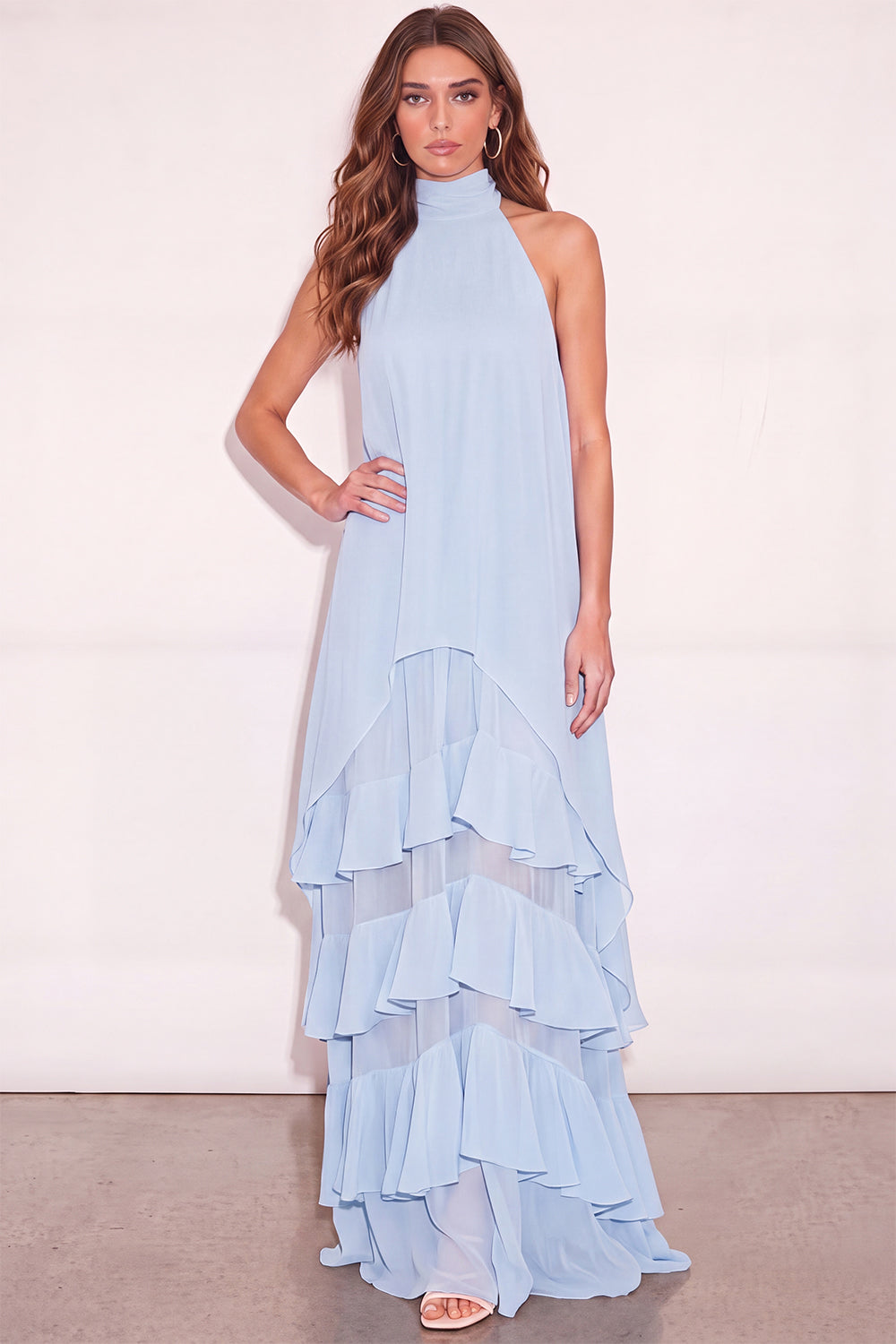Leely Women Light Blue Ruffled Long Beach Wedding Guest Dress A Line Tiered Halter Formal Dress