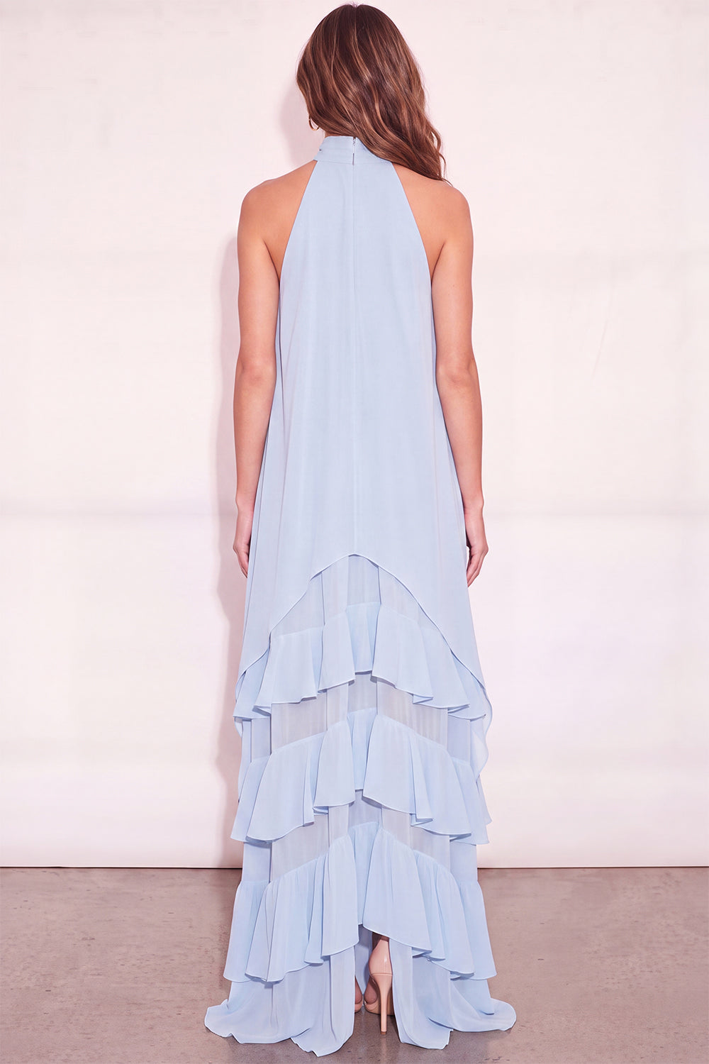 Light Blue Ruffled Halter Long Wedding Guest Dress
