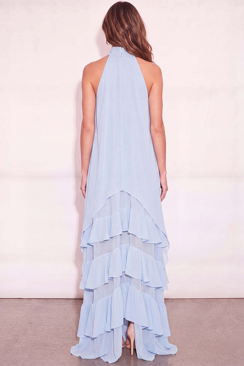Light Blue Ruffled Halter Long Wedding Guest Dress