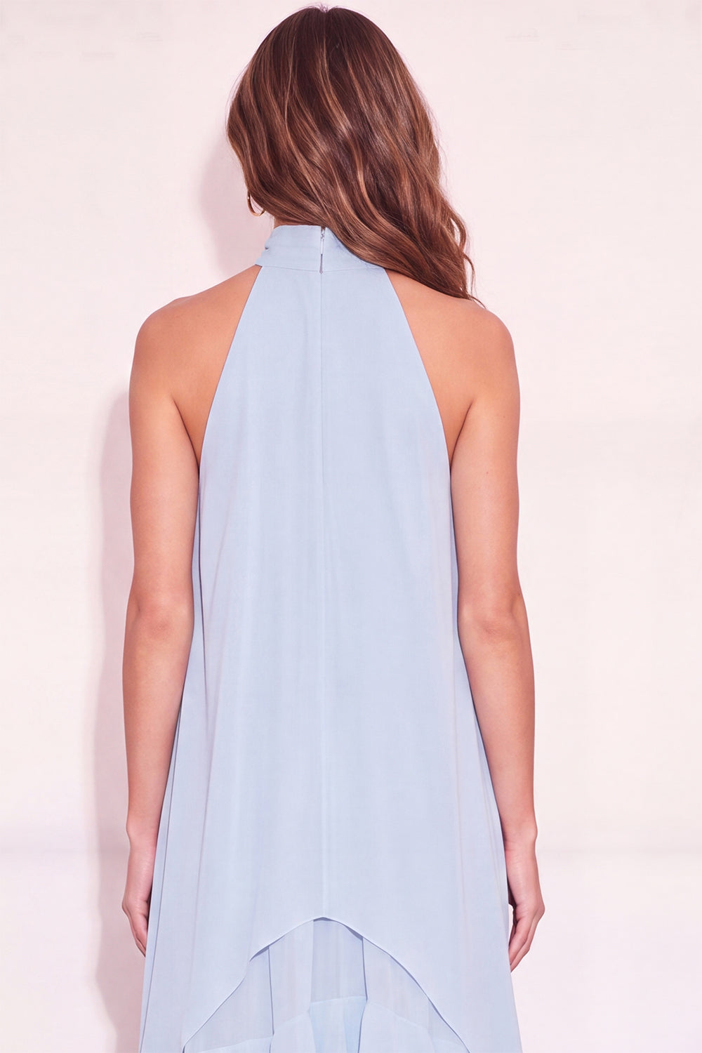 Light Blue Ruffled Halter Long Wedding Guest Dress