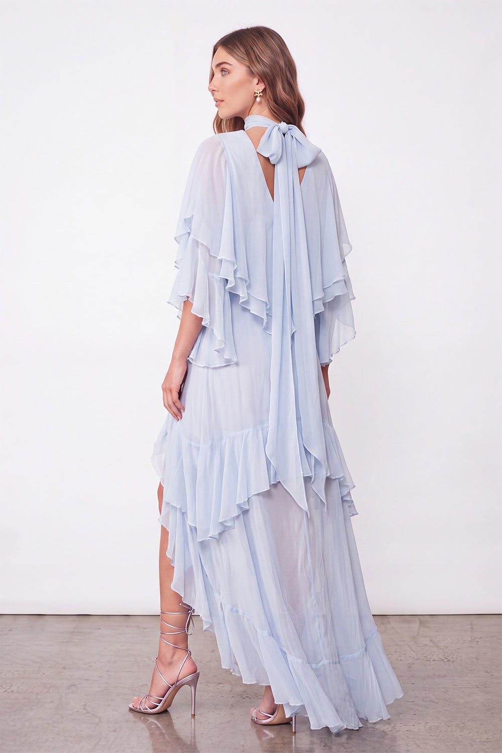 Light Blue A Line Long Ruffled Wedding Guest Dress with Slit