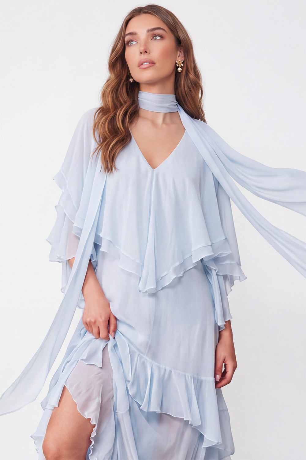 Light Blue A Line Long Ruffled Wedding Guest Dress with Slit