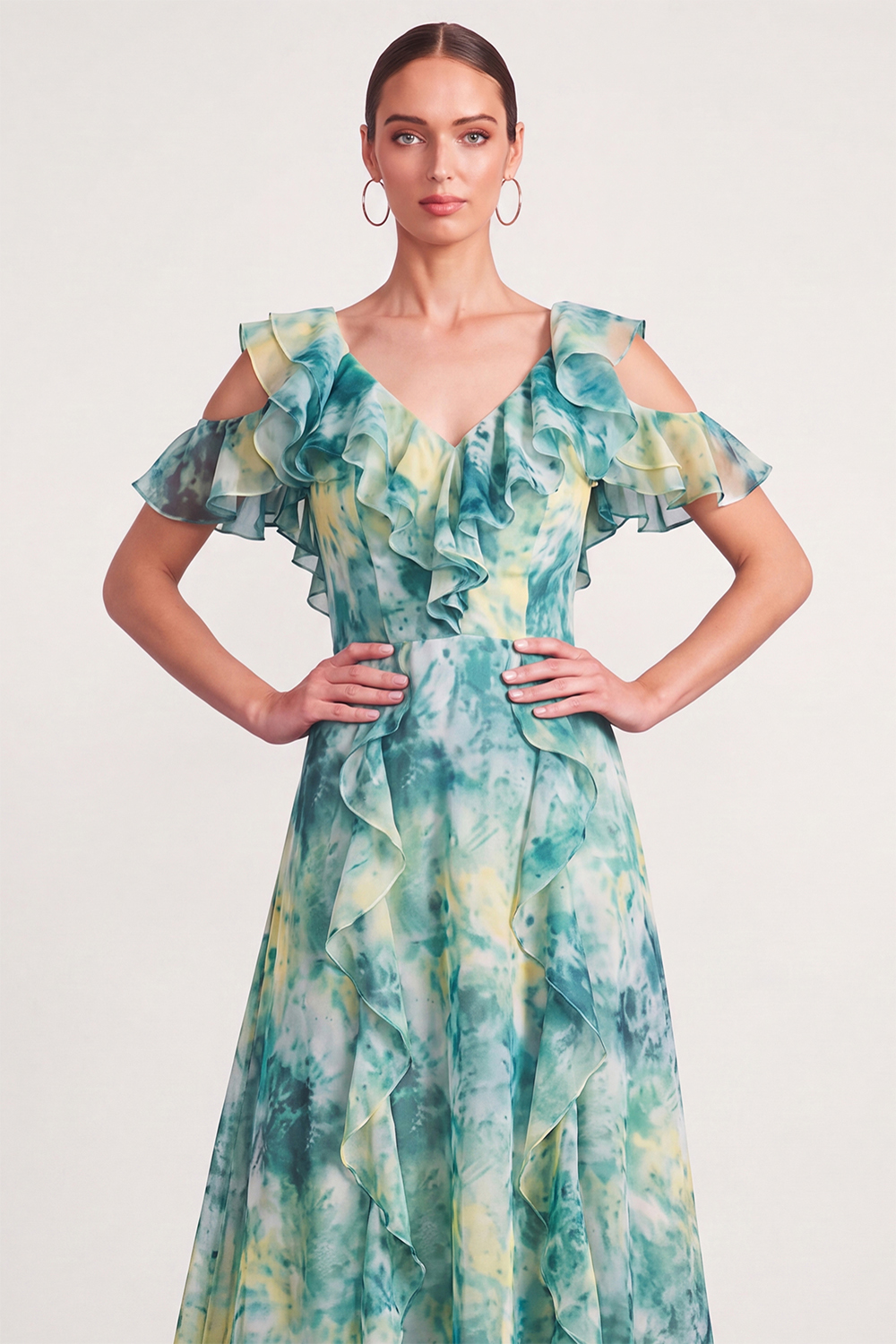 Light Green Floral Long Wedding Guest Dress with Ruffles
