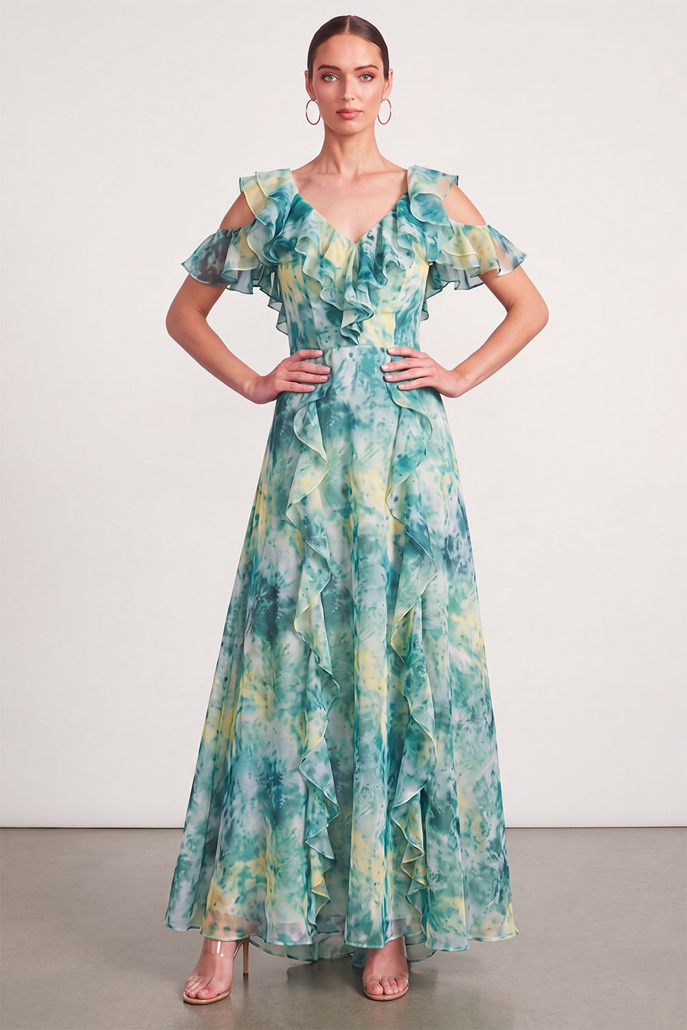 Light Green Floral Long Wedding Guest Dress with Ruffles