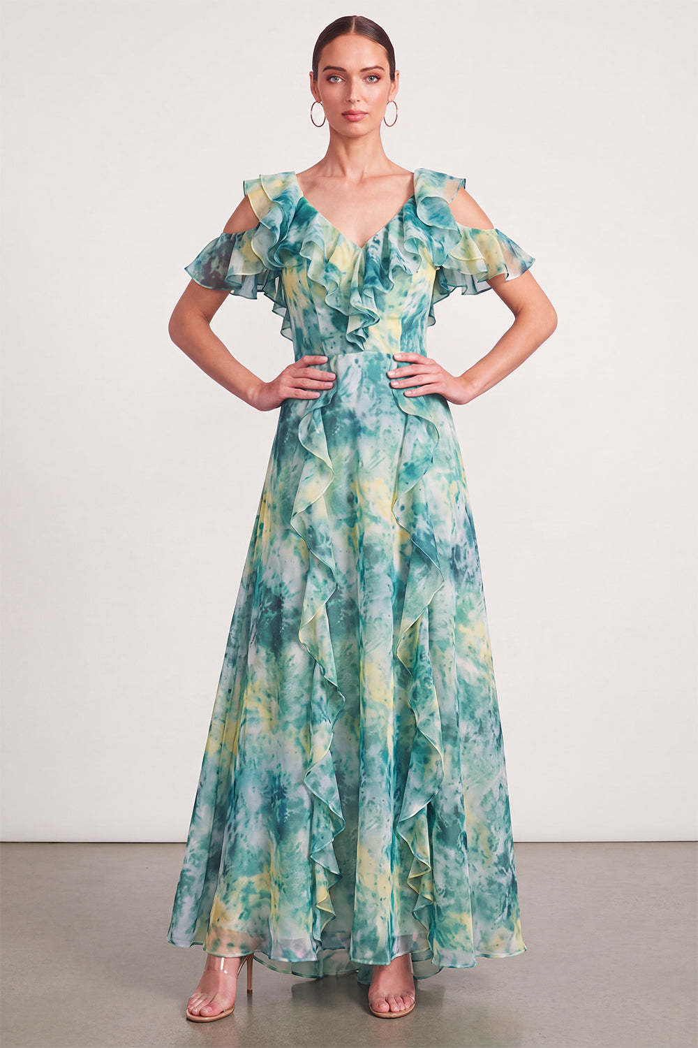Light Green Floral Long Wedding Guest Dress with Ruffles