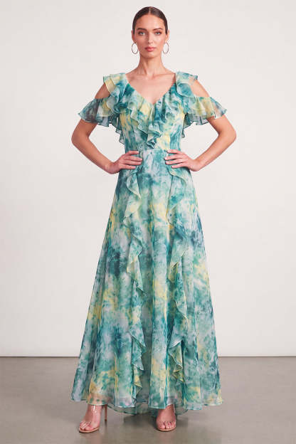 Light Green Floral Long Wedding Guest Dress with Ruffles