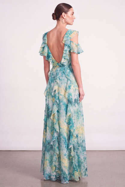 Light Green Floral Long Wedding Guest Dress with Ruffles
