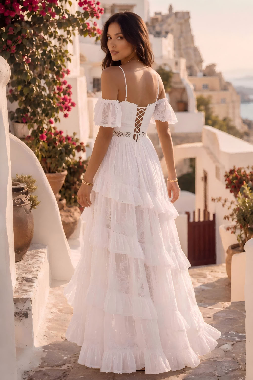 Cold Shoulder A Line Tiered Ruffled White Long Beach Wedding Dress with Slit