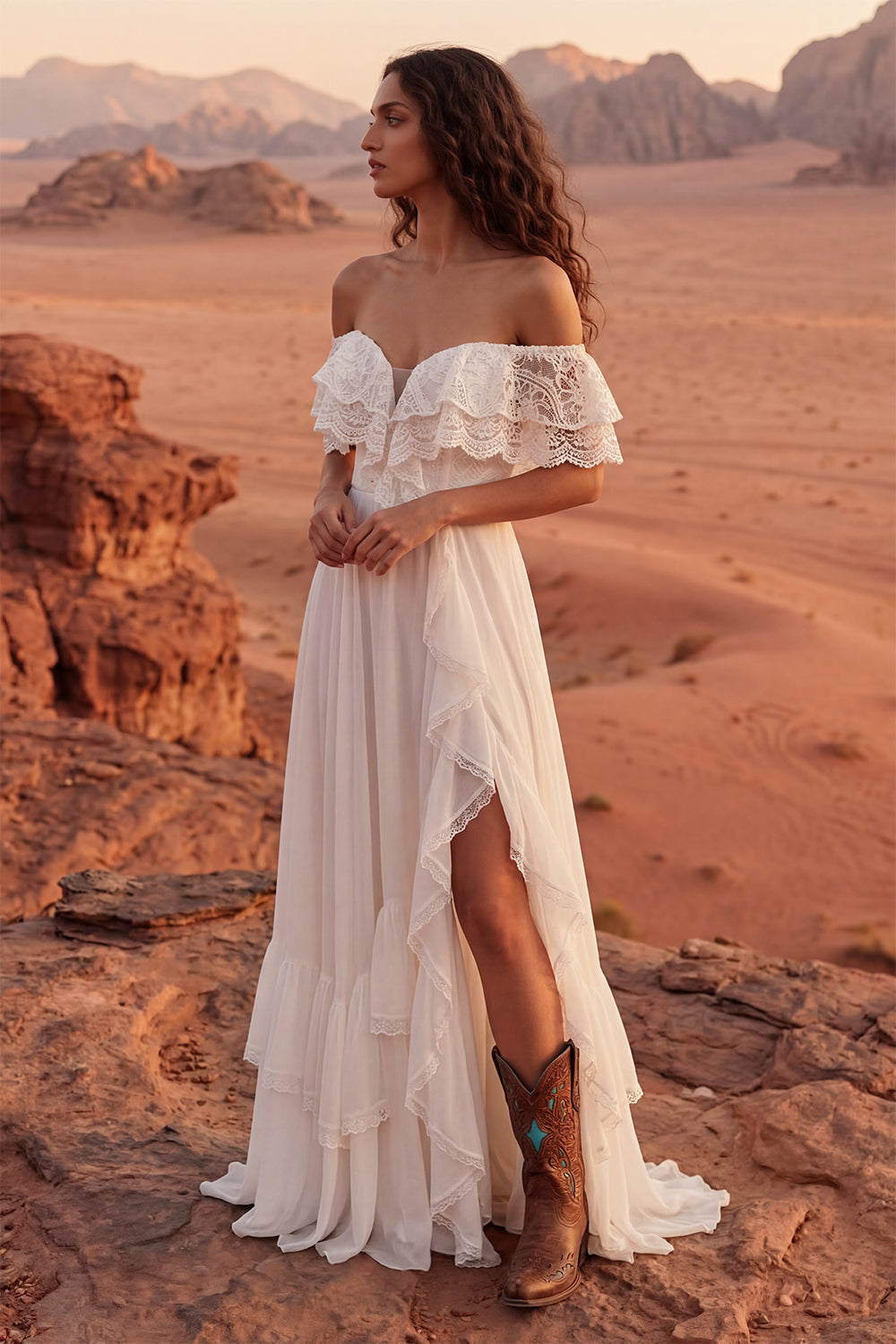 White Sweep Train Lace Boho Western Wedding Dress with Slit