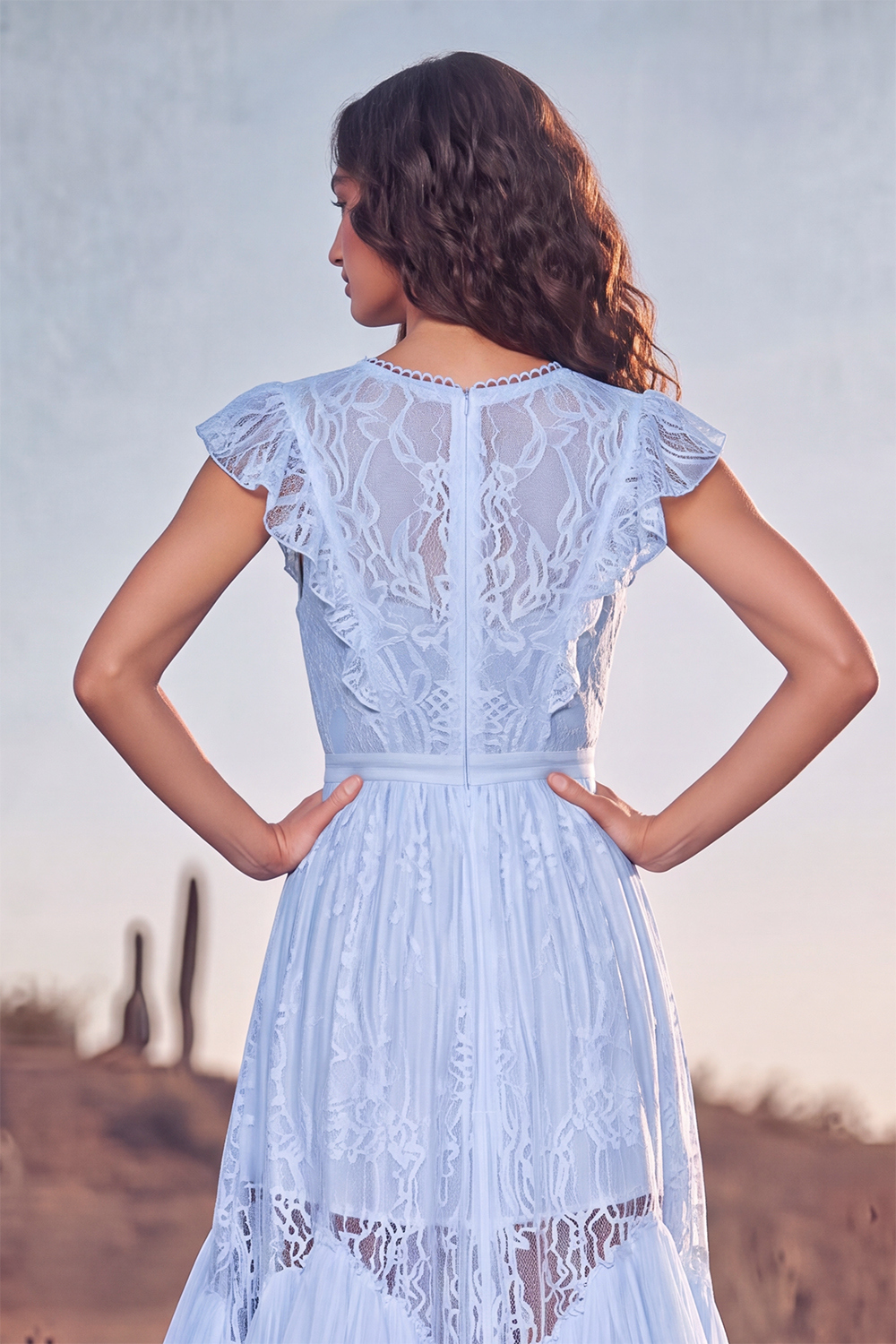 White Ruffled Lace Asymmetrical Boho Western Wedding Dress