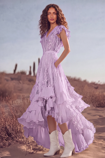 White Ruffled Lace Asymmetrical Boho Western Wedding Dress