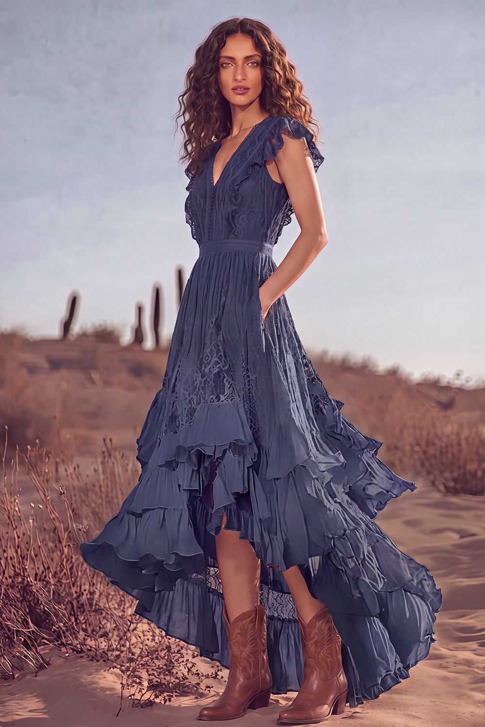 White Ruffled Lace Asymmetrical Boho Western Wedding Dress