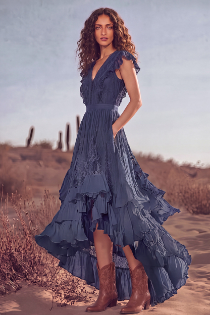 White Ruffled Lace Asymmetrical Boho Western Wedding Dress