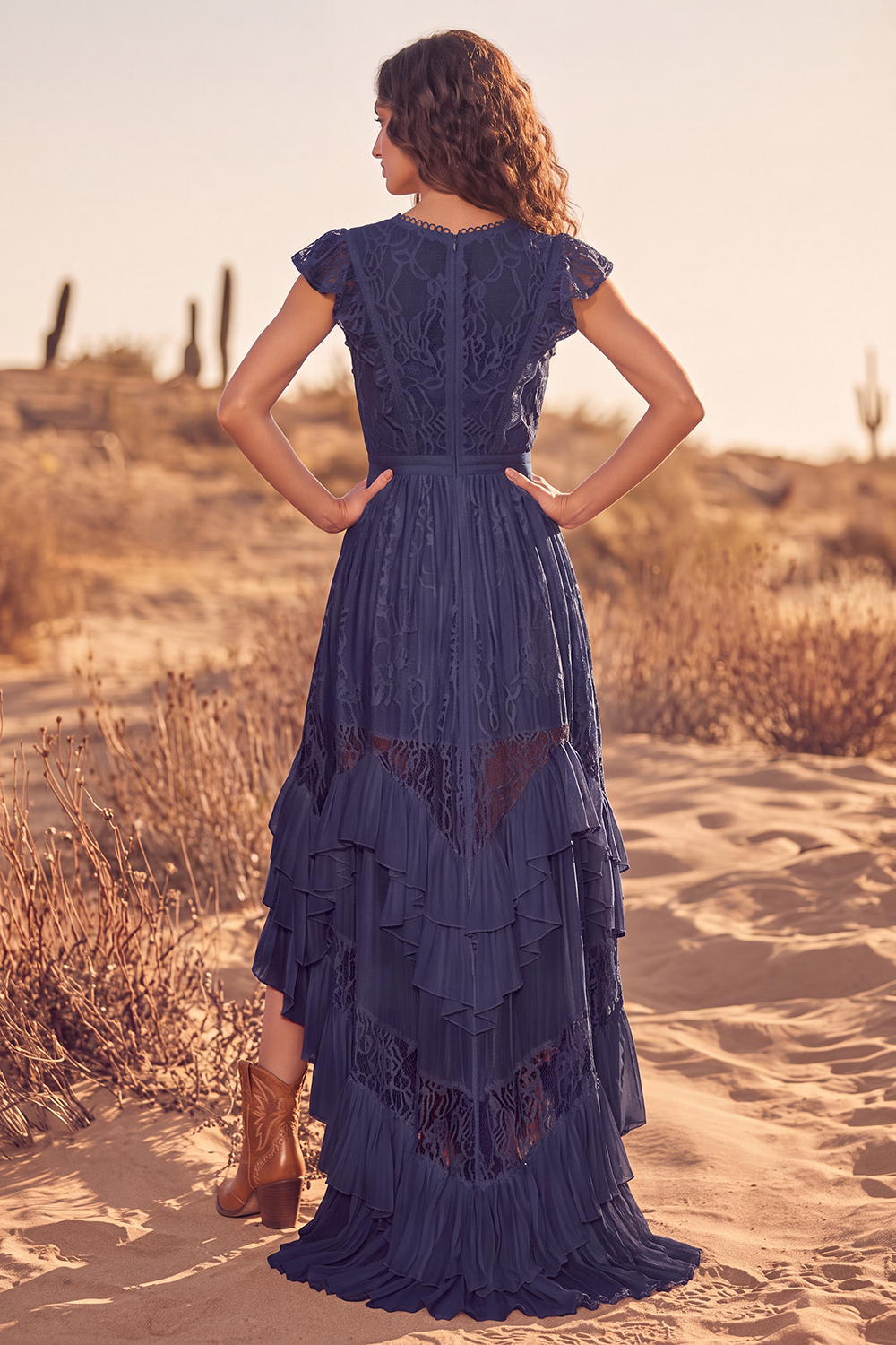 White Ruffled Lace Asymmetrical Boho Western Wedding Dress