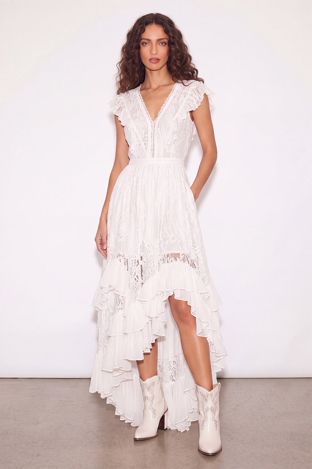 White Ruffled Lace Asymmetrical Boho Western Wedding Dress