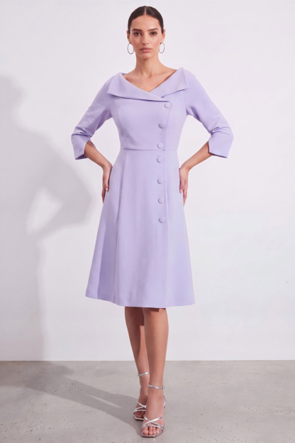 Leely Women Lavender A Line Knee Length Work Dress Single Breasted V-Neck Business Dress with Sleeves