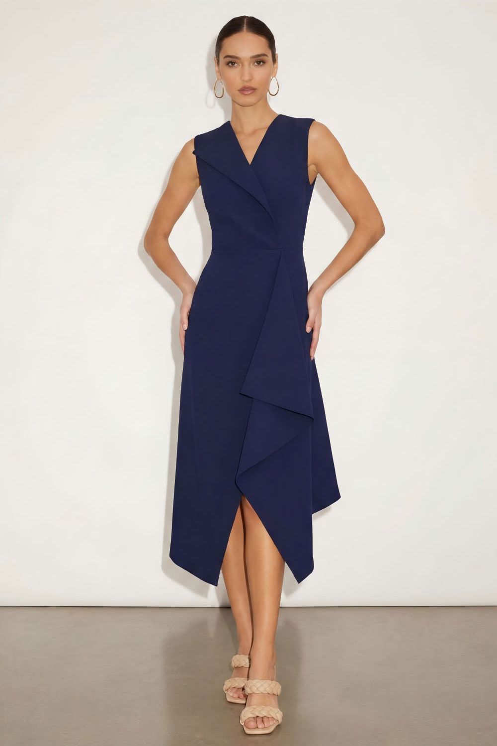 Leely Women Navy Ruffled Asymmetrical Work Dress A Line V-Neck Business Dress