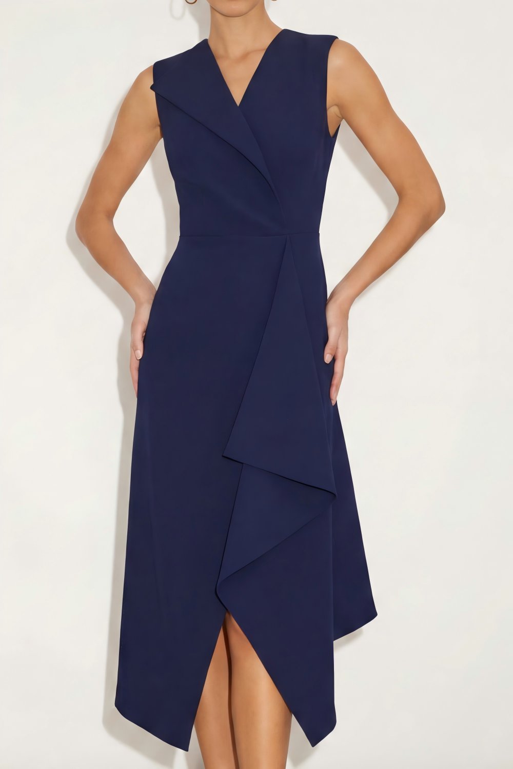 Navy V-Neck Ruffled Asymmetrical Work Dress