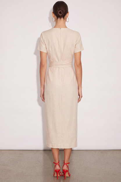 Ivory Pencil V-Neck Midi Work Dress with Slit