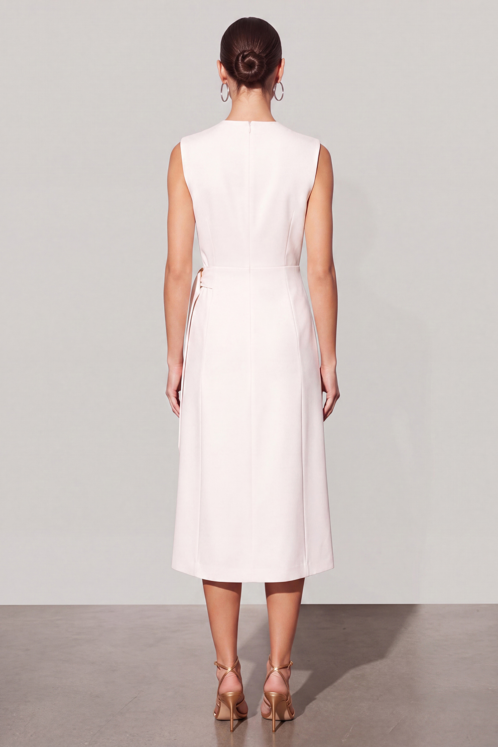 A Line White V Neck Midi Work Dress with Belt