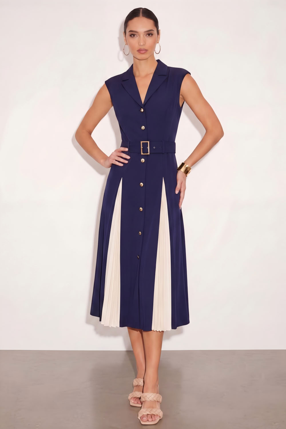 Leely Women Navy A Line Single Breasted Midi Work Dress with Belt Peak Lapel Sleeveless Business Dress