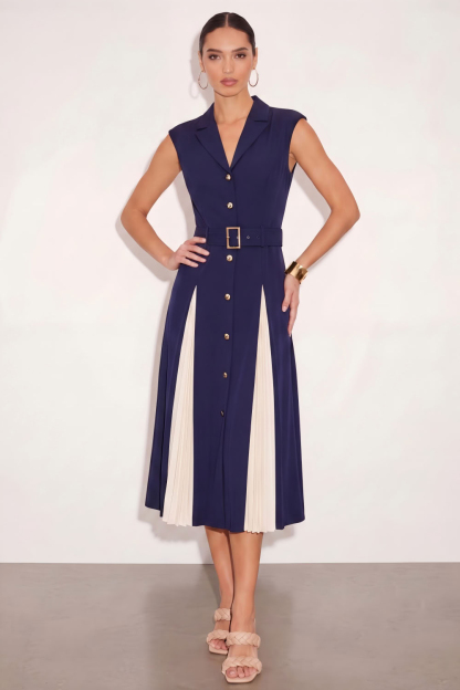 Leely Women Navy A Line Single Breasted Midi Work Dress with Belt Peak Lapel Sleeveless Business Dress