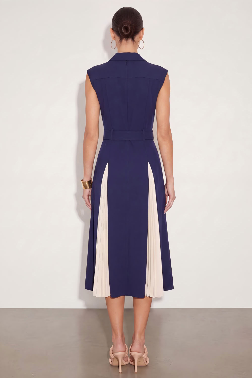 Navy A Line Single Breasted Peak Lapel Midi Work Dress with Belt