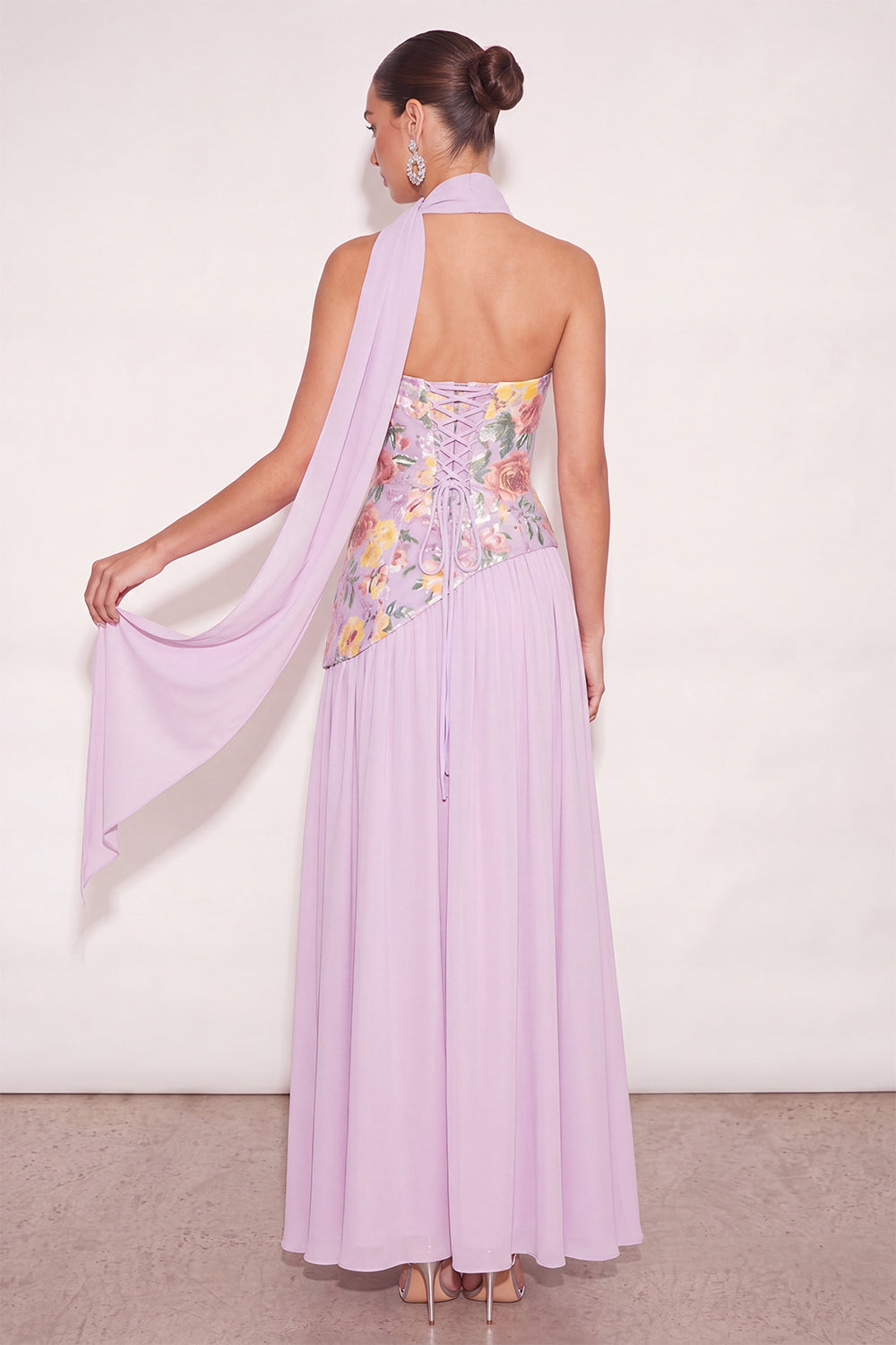Lilac Sparkly Sequin Floral Long Formal Dress with Slit