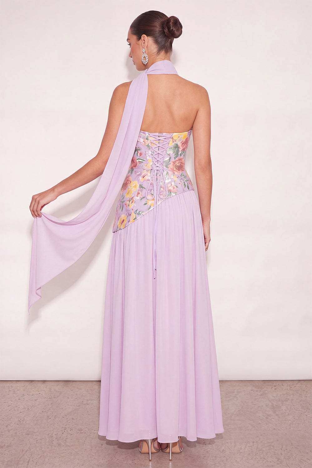 Lilac Sparkly Sequin Floral Long Formal Dress with Slit