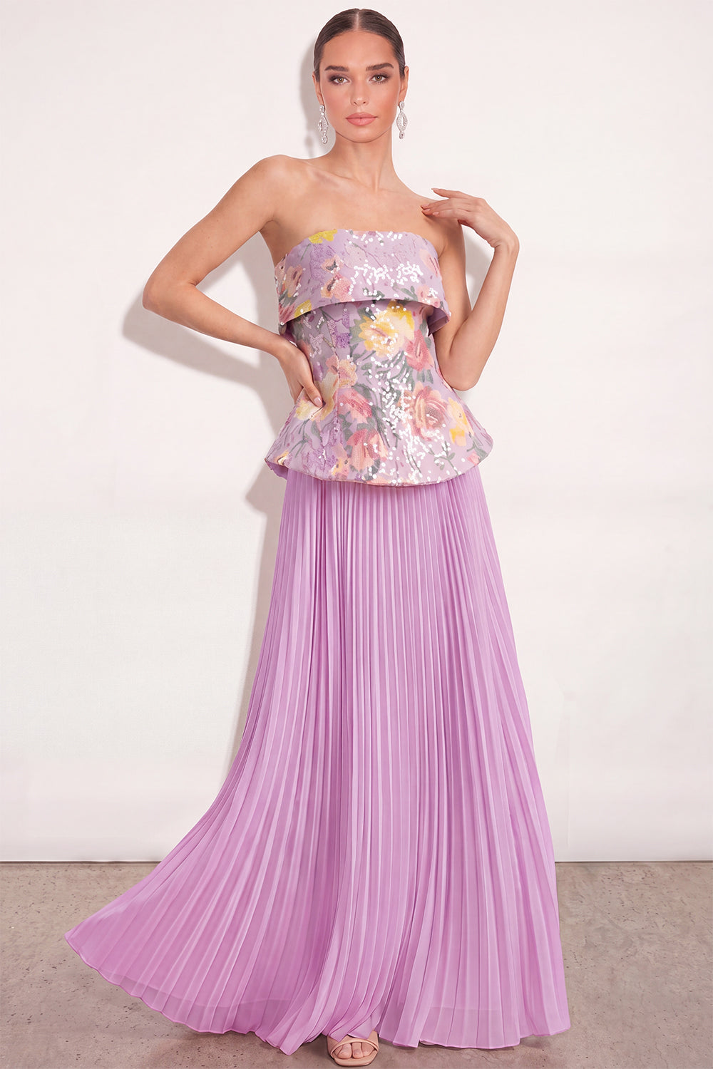 Sparkly Lilac Sequin Pleated Floral Long Formal Dress