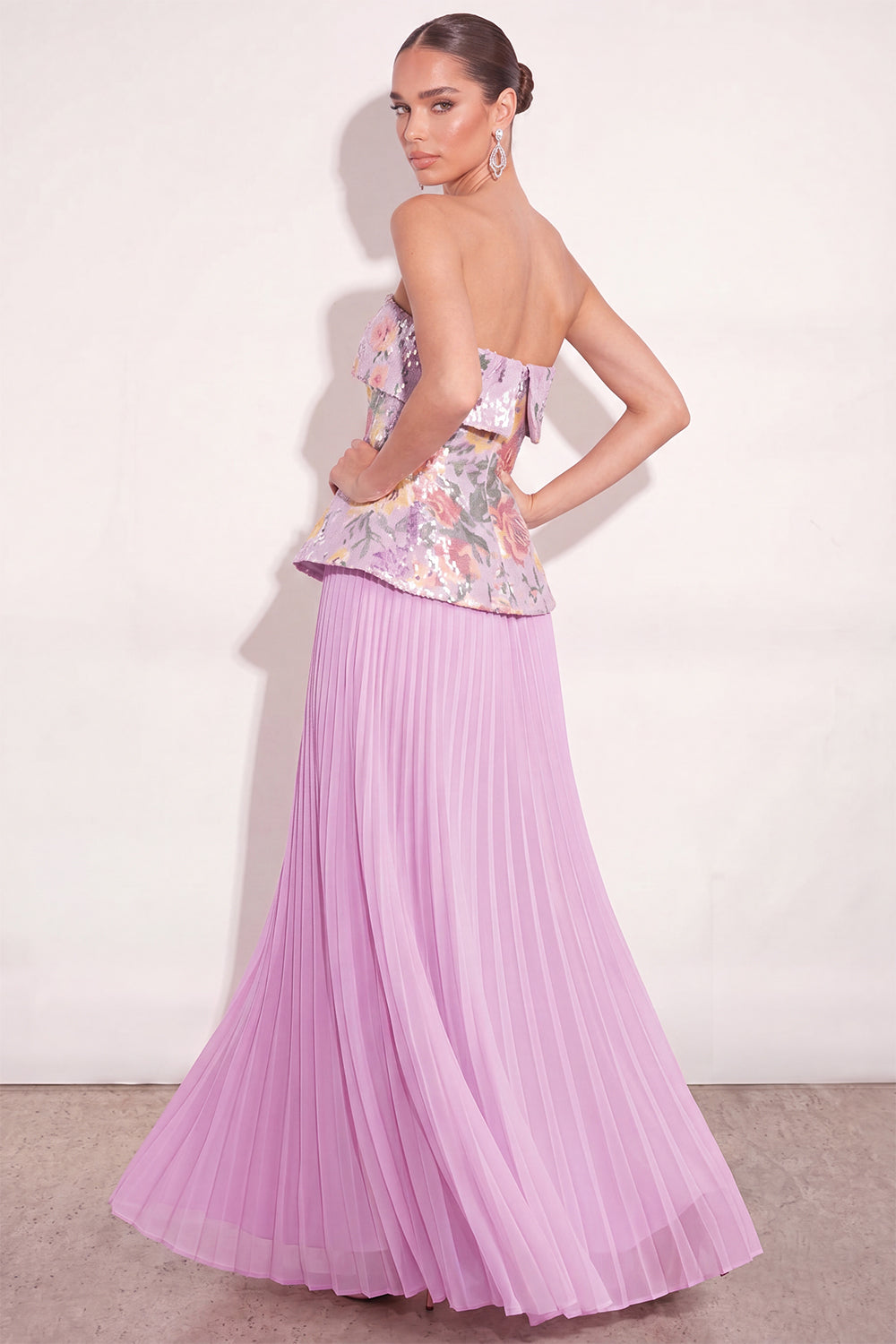 Sparkly Lilac Sequin Pleated Floral Long Formal Dress