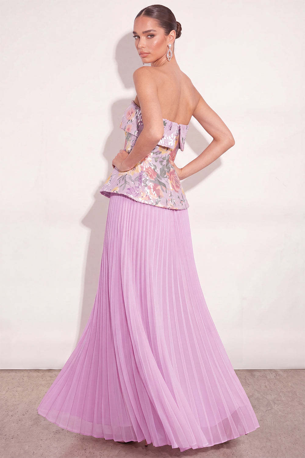Sparkly Lilac Sequin Pleated Floral Long Formal Dress