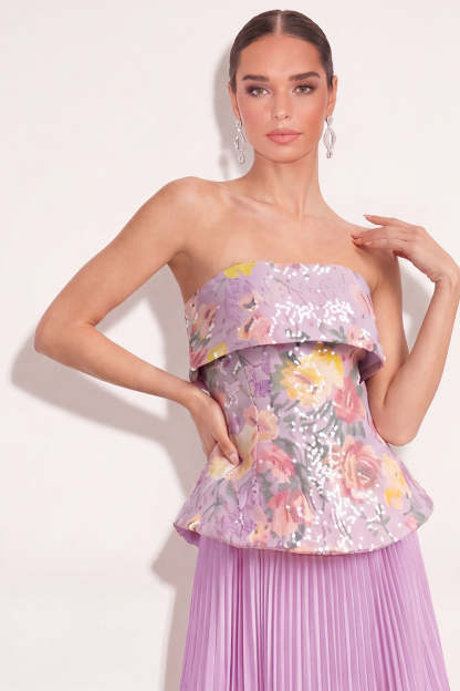 Sparkly Lilac Sequin Pleated Floral Long Formal Dress