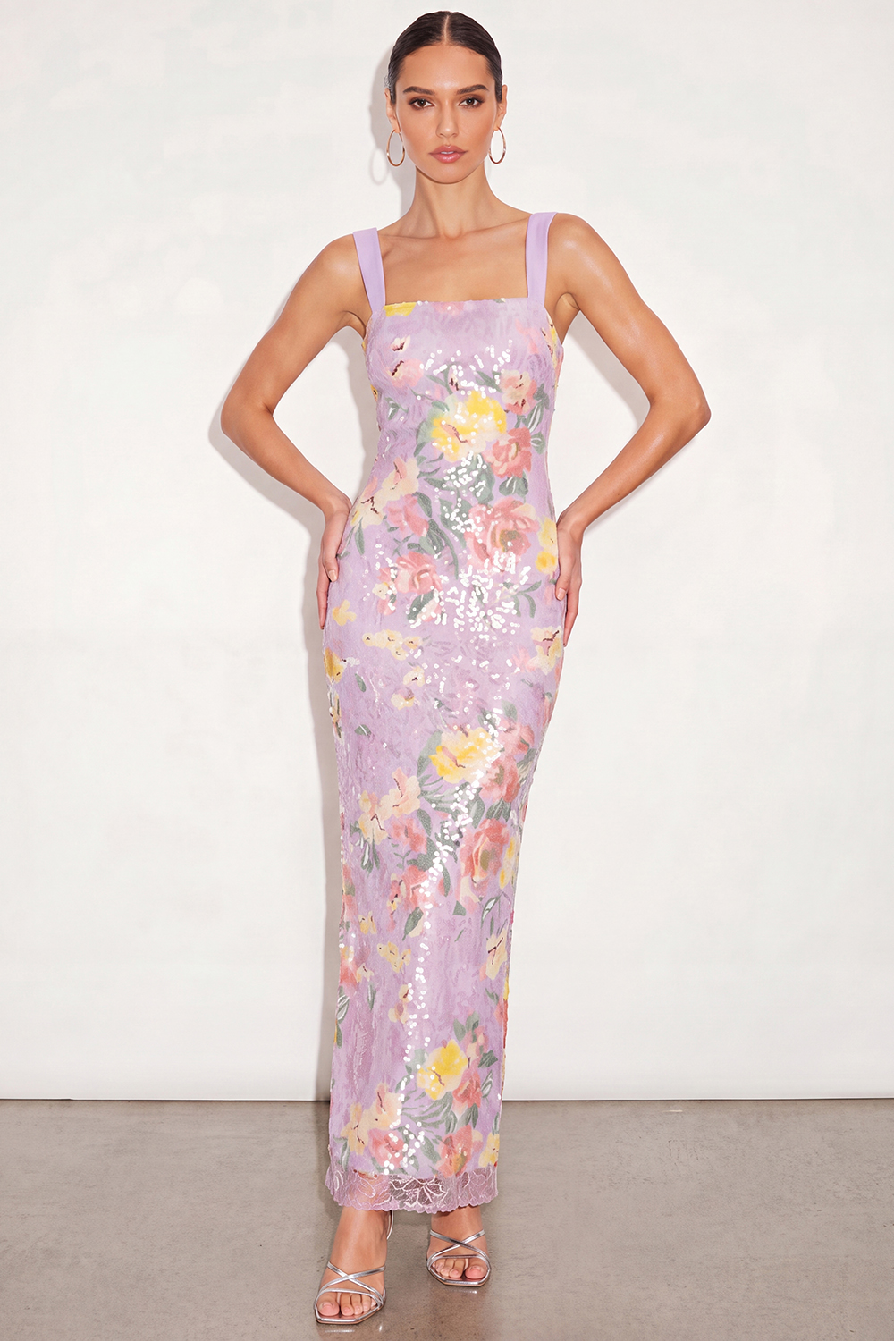 Sparkly Lilac Floral Sequin Bodycon Long Formal Dress