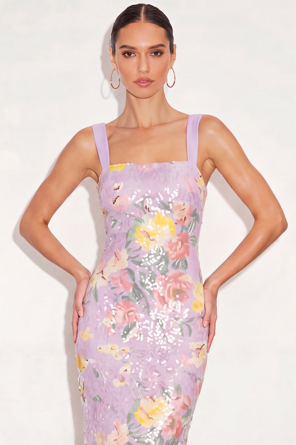 Sparkly Lilac Floral Sequin Bodycon Long Formal Dress