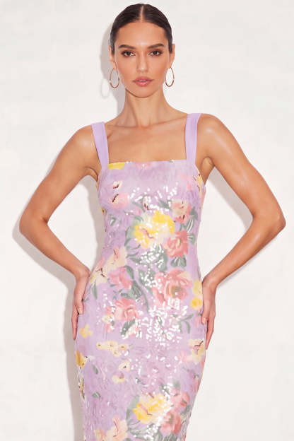 Sparkly Lilac Floral Sequin Bodycon Long Formal Dress