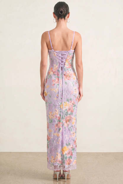Sparkly Lilac Floral Sequin Bodycon Long Formal Dress