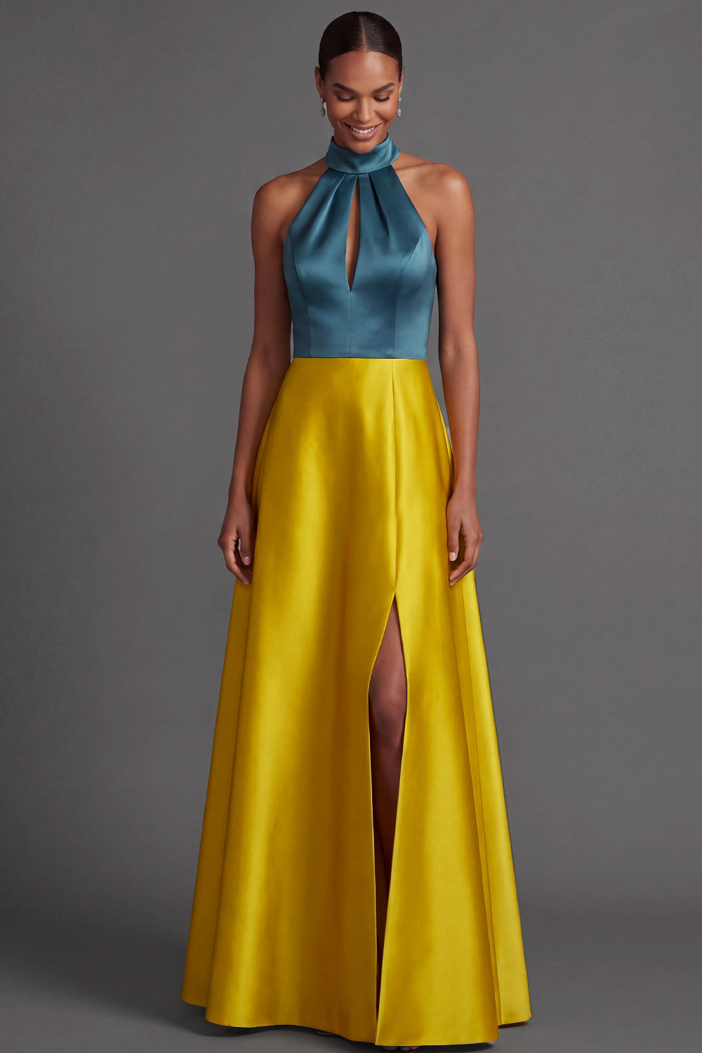 Leely Women A Line Golden Long Wedding Guest Dress with Slit Halter Neck Satin Formal Dress