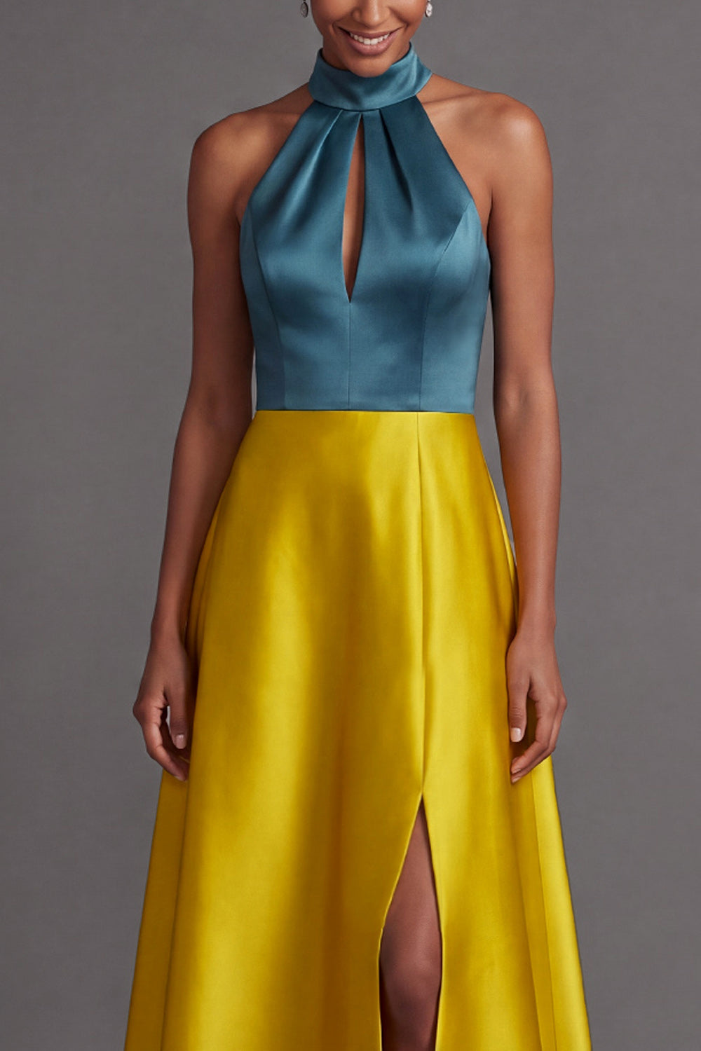 Satin A Line Halter Neck Golden Long Wedding Guest Dress with Slit