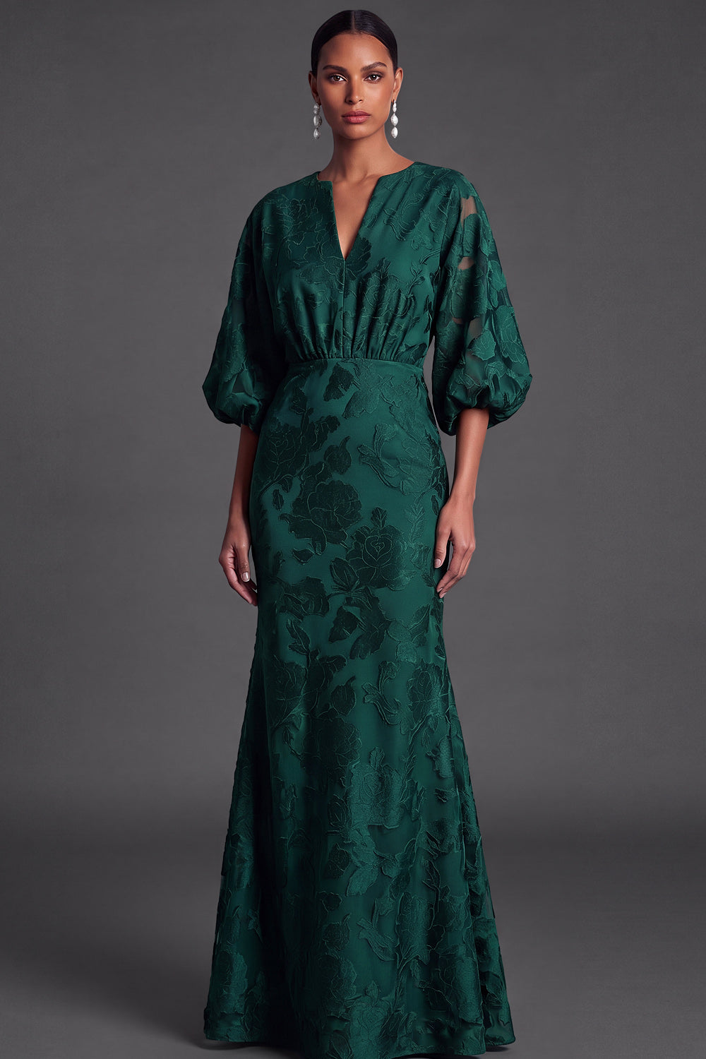 Dark Green Floral Mermaid Puff Sleeves Long Wedding Guest Dress