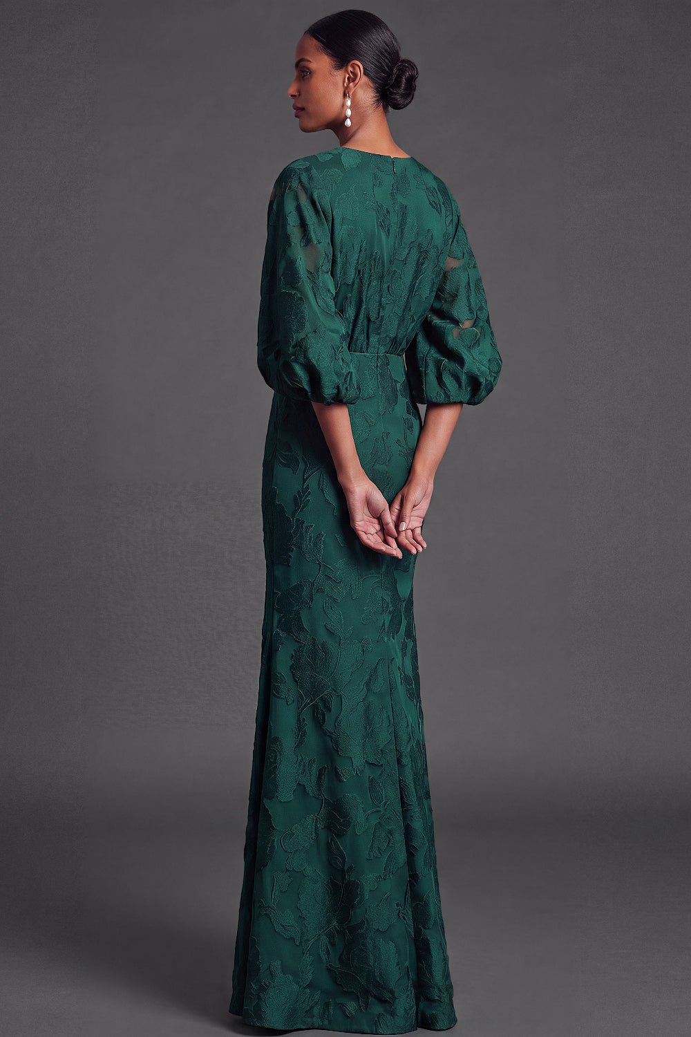 Dark Green Floral Mermaid Puff Sleeves Long Wedding Guest Dress