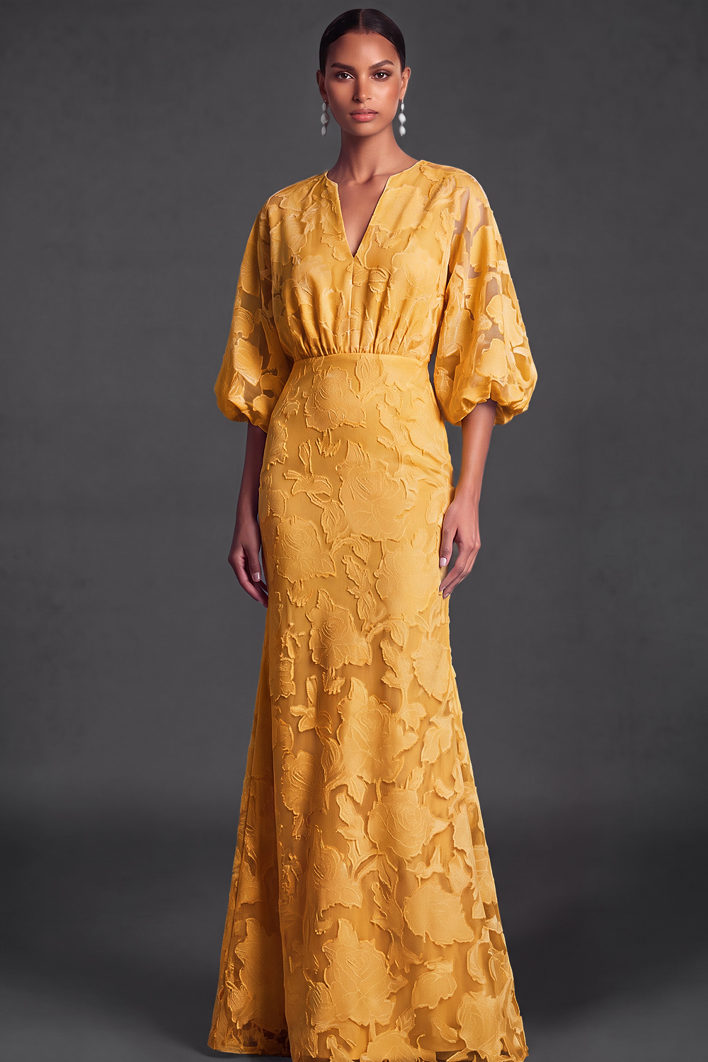 Dark Green Floral Mermaid Puff Sleeves Long Wedding Guest Dress