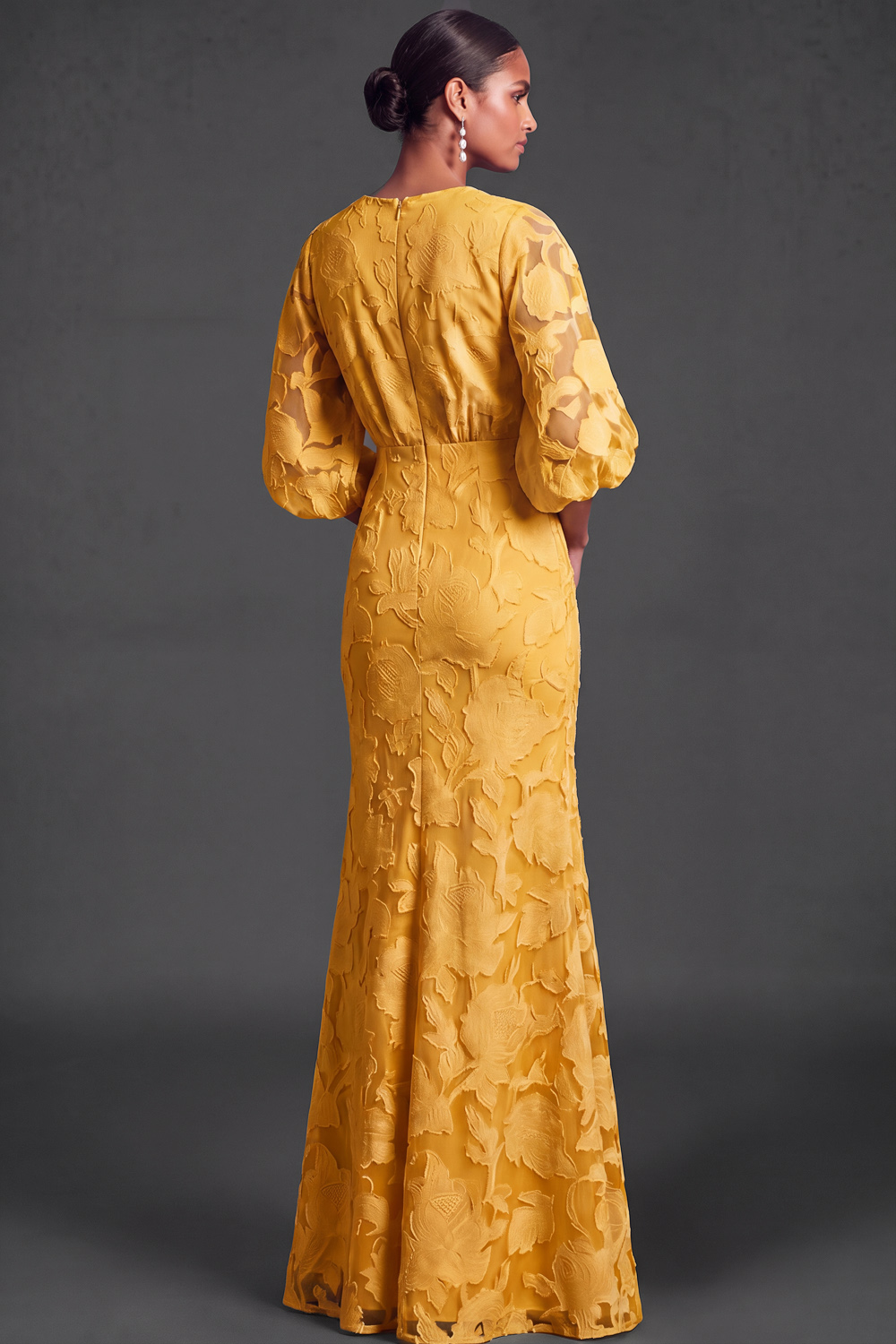 Dark Green Floral Mermaid Puff Sleeves Long Wedding Guest Dress