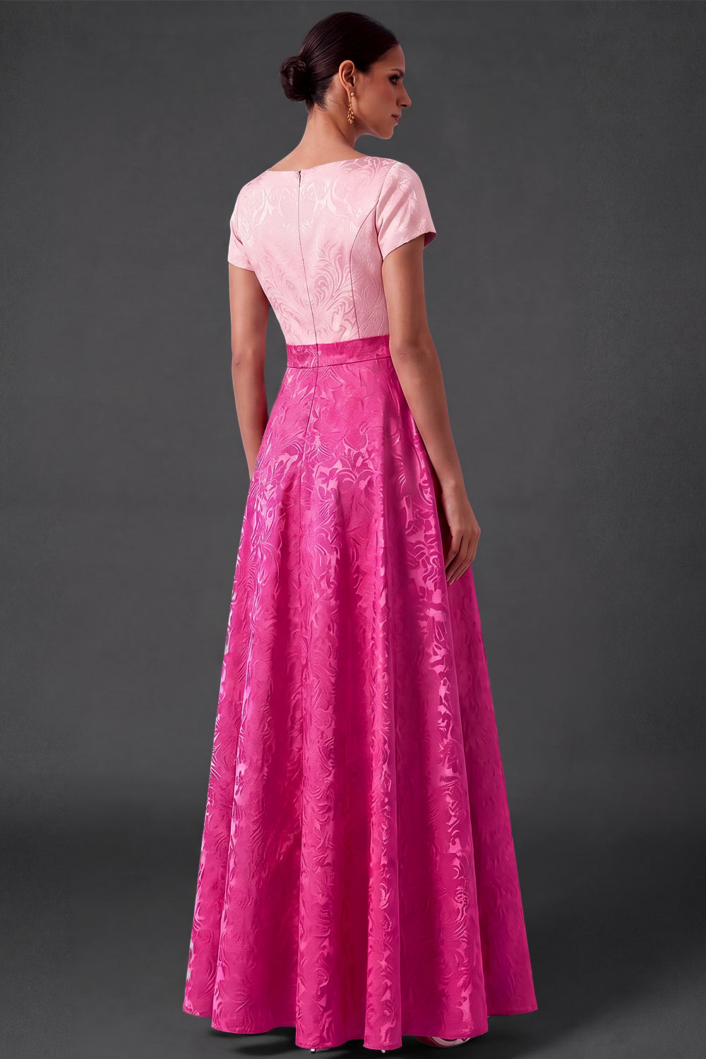 Blue Floral A Line Jacquard Long Wedding Guest Dress with Bow