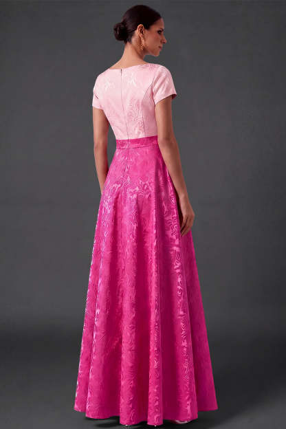 Blue Floral A Line Jacquard Long Wedding Guest Dress with Bow